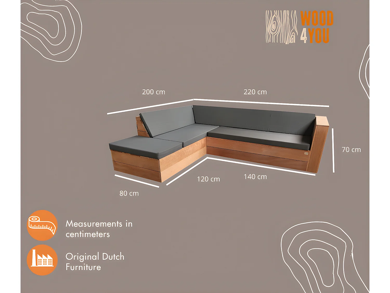 Wood4you - Loungeset 7 Bankirai - coussins inclus (forme en L) - 250cm - 200cm