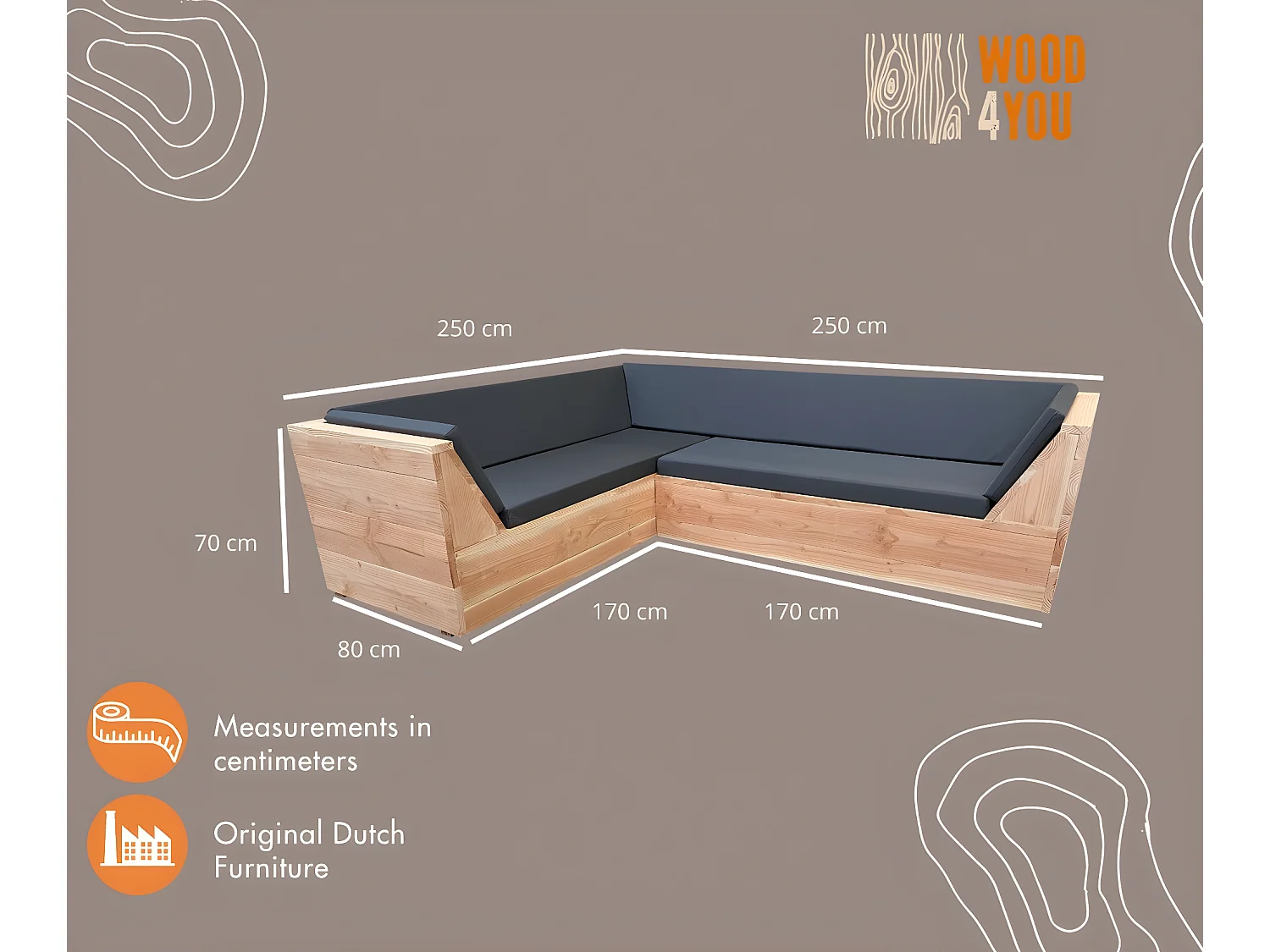 Wood4you - Loungeset 6 Douglasieholz - inkl. enger Auflagen L-Form - 250cm - 250cm