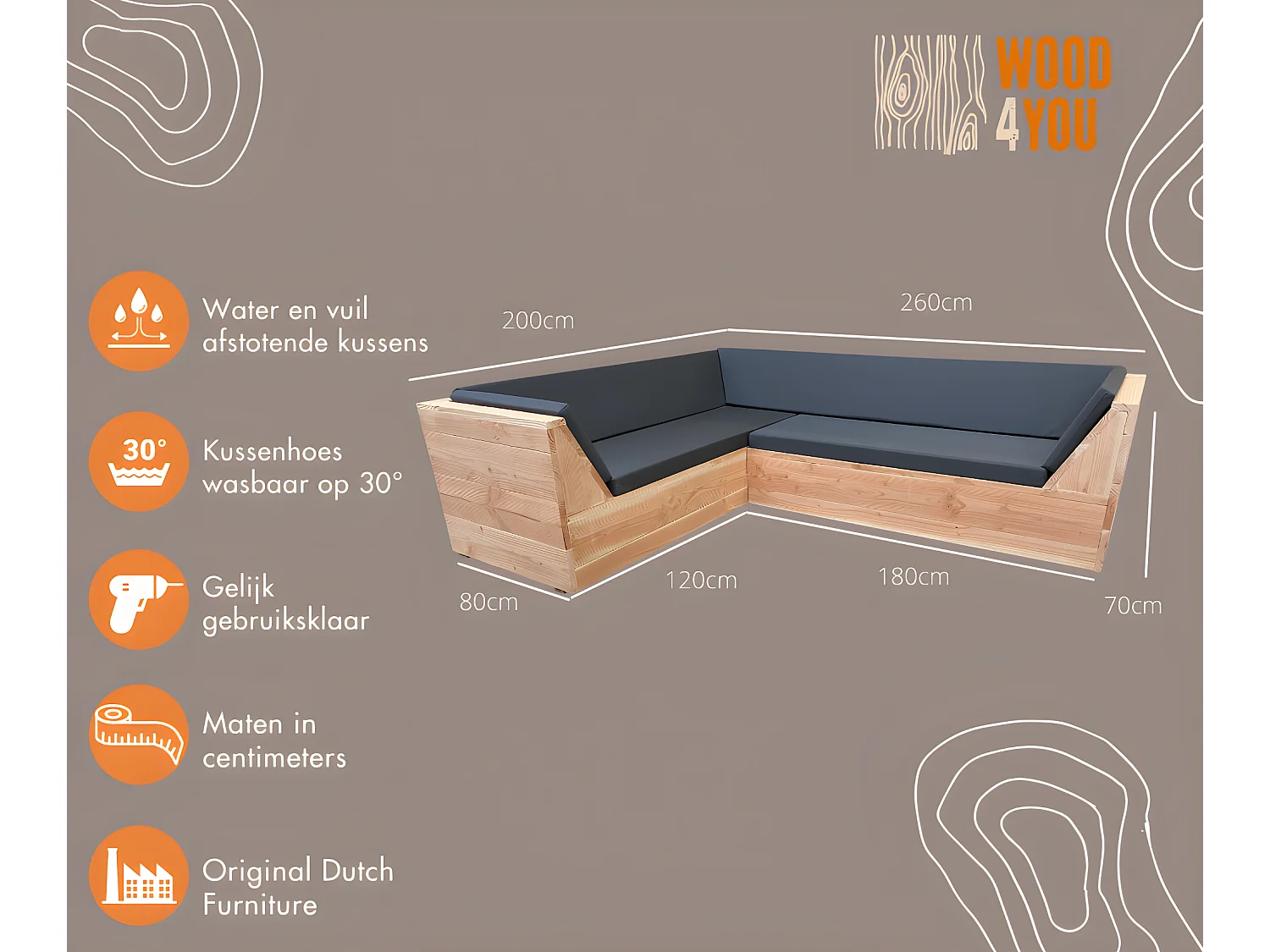 Wood4you - Loungeset 6 en bois de Douglas 260x200 cm - avec coussins étanches en forme de L -
