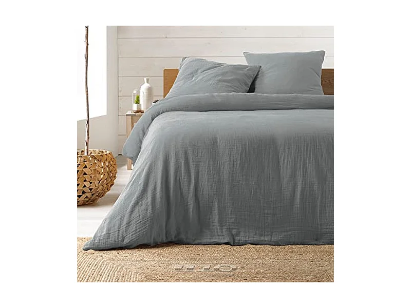 Bettwäsche aus grauer Baumwollgaze 240 x 220 cm, Wendbar und Bequem