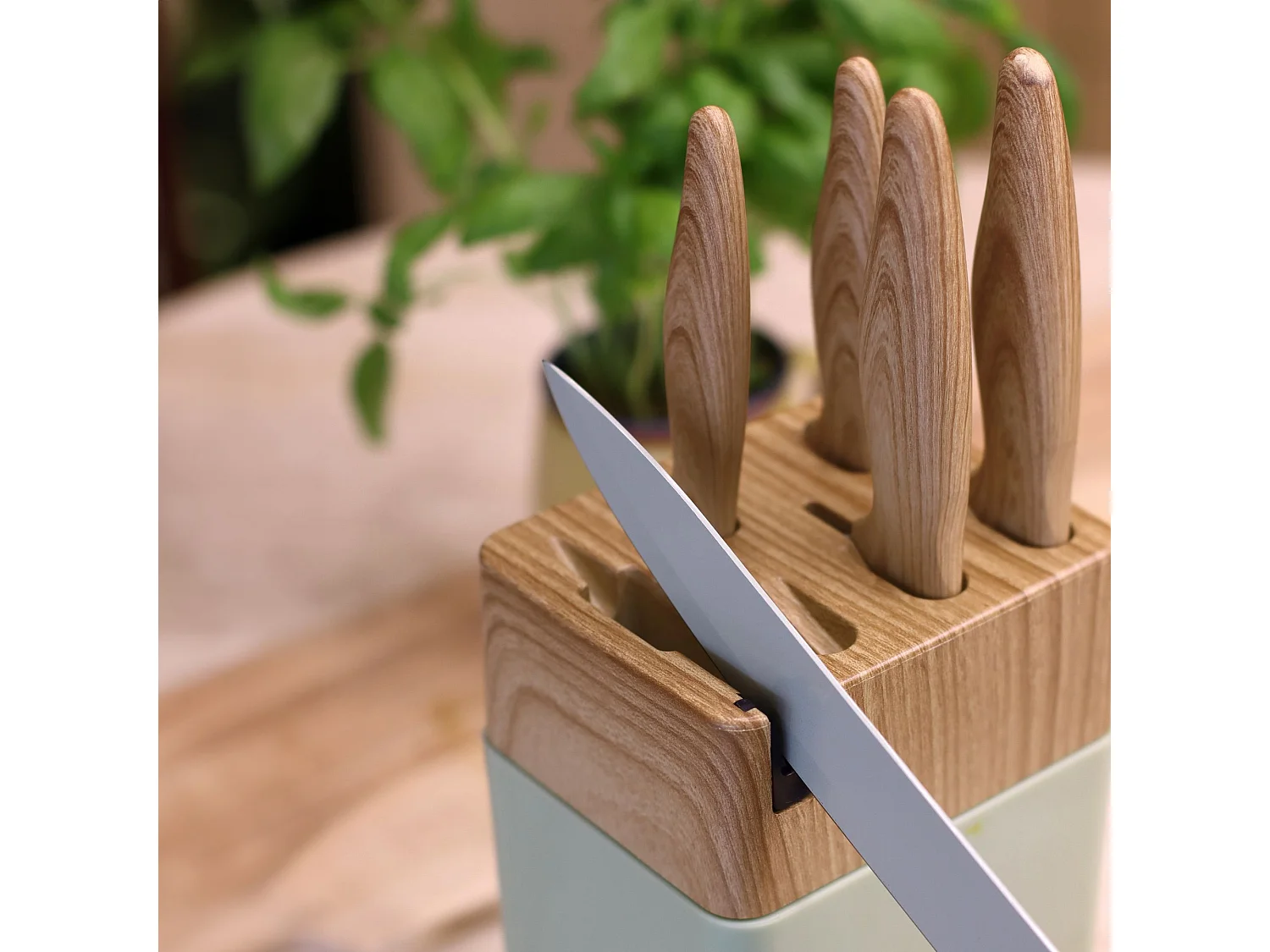 Menastyl - Bloc A Couteaux 6 Pieces En Polypropylene Celadon Et Effet Bois