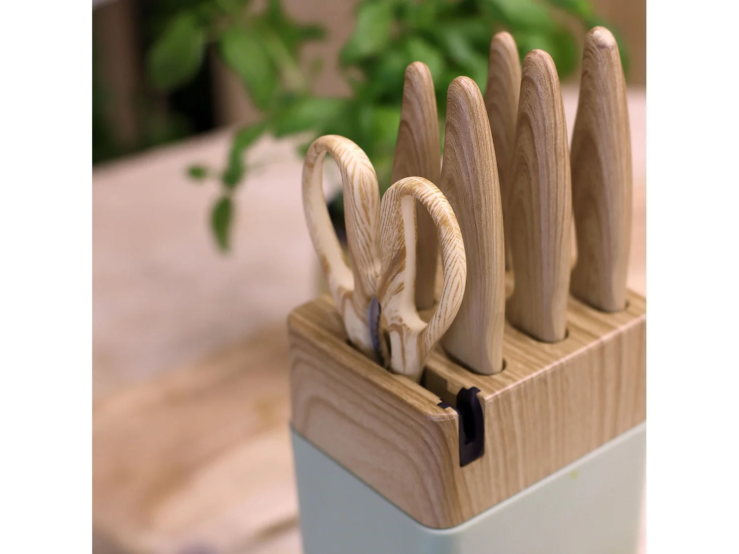 Menastyl - Bloc A Couteaux 6 Pieces En Polypropylene Celadon Et Effet Bois