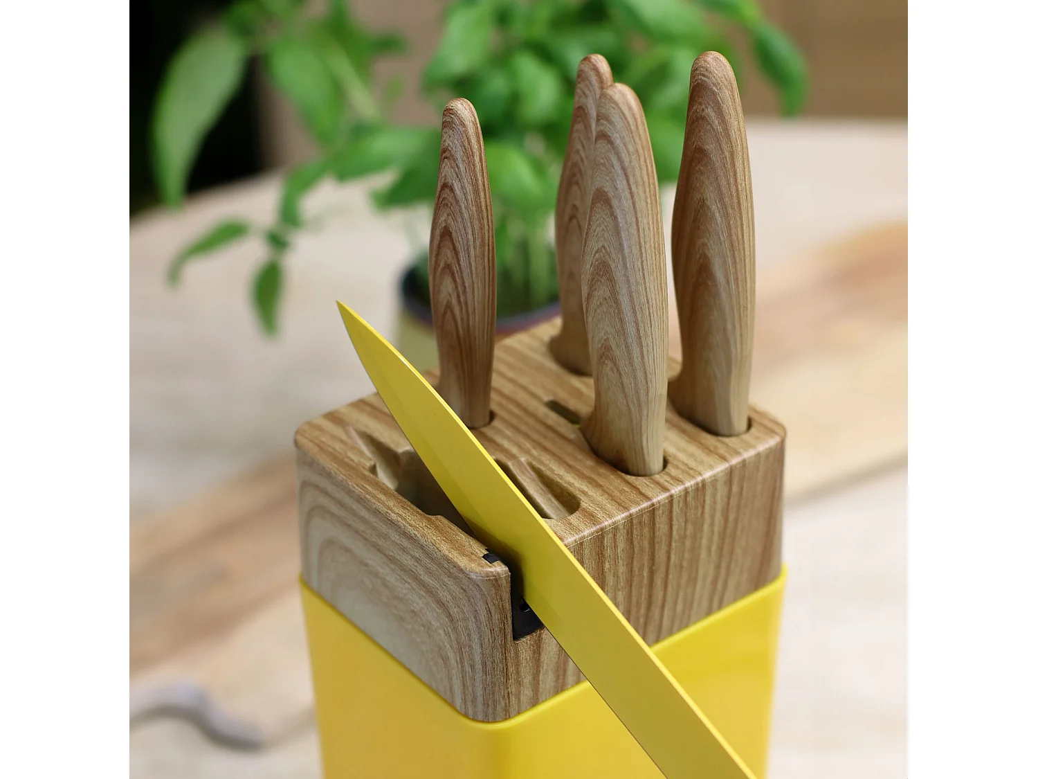 Menastyl - Bloc A Couteaux 6 Pieces En Polypropylene Safran Et Effet Bois