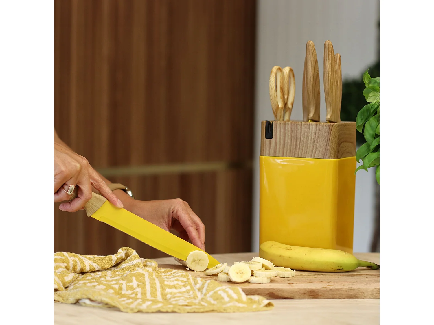 Menastyl - Bloc A Couteaux 6 Pieces En Polypropylene Safran Et Effet Bois