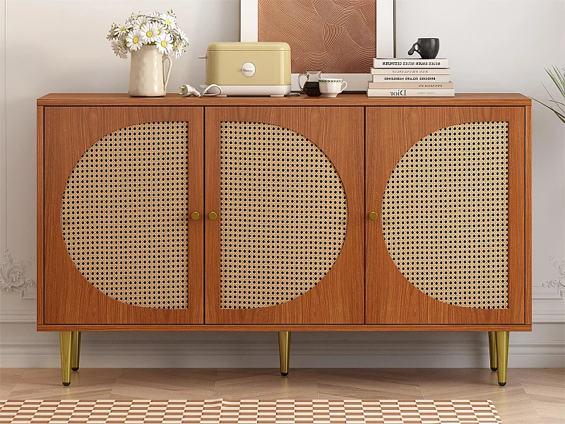 Niedriges Sideboard mit 3 Türen, dekoriert mit Rattan, Spanplatte, Vintage-Stil, Walnuss, 129,8 x 40 x 76 cm