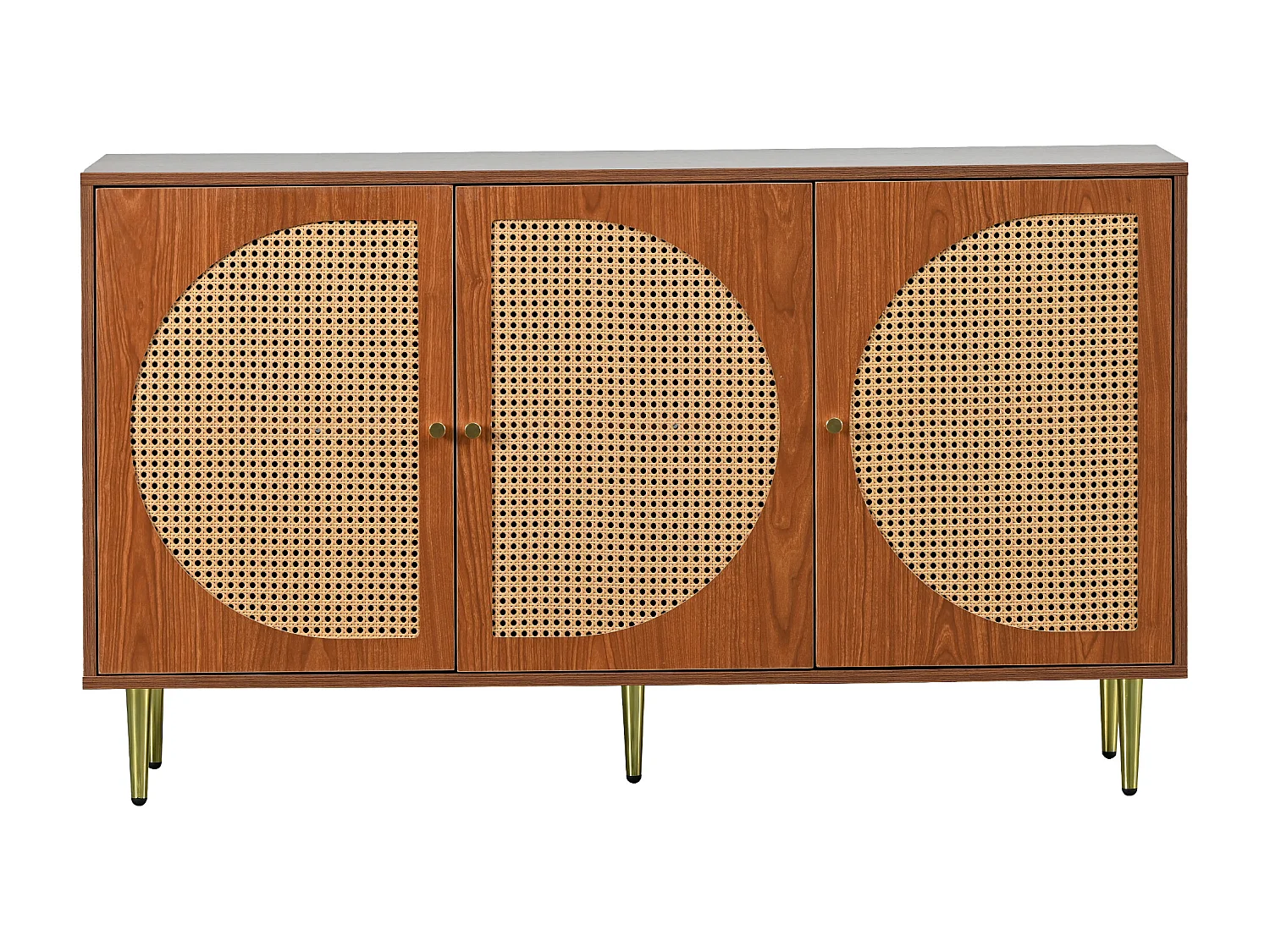 Buffet bas avec 3 portes décorées en rotin, panneaux de particules, style vintage, noyer, 129,8x 40x 76cm