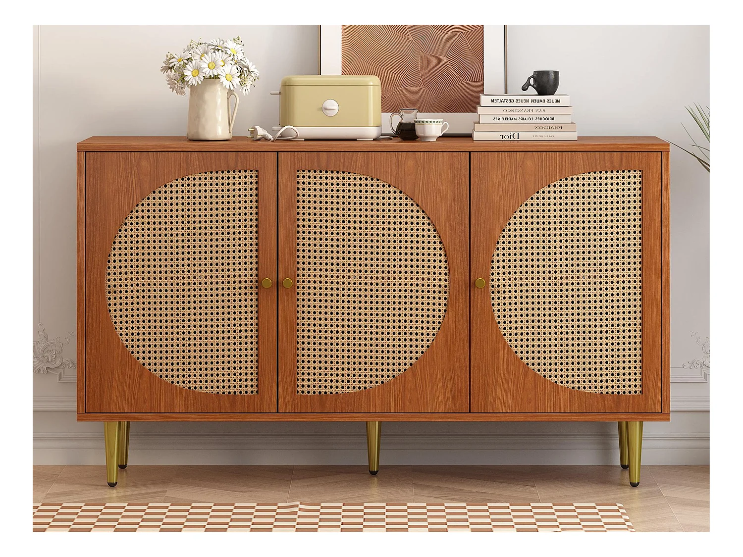 Buffet bas avec 3 portes décorées en rotin, panneaux de particules, style vintage, noyer, 129,8x 40x 76cm