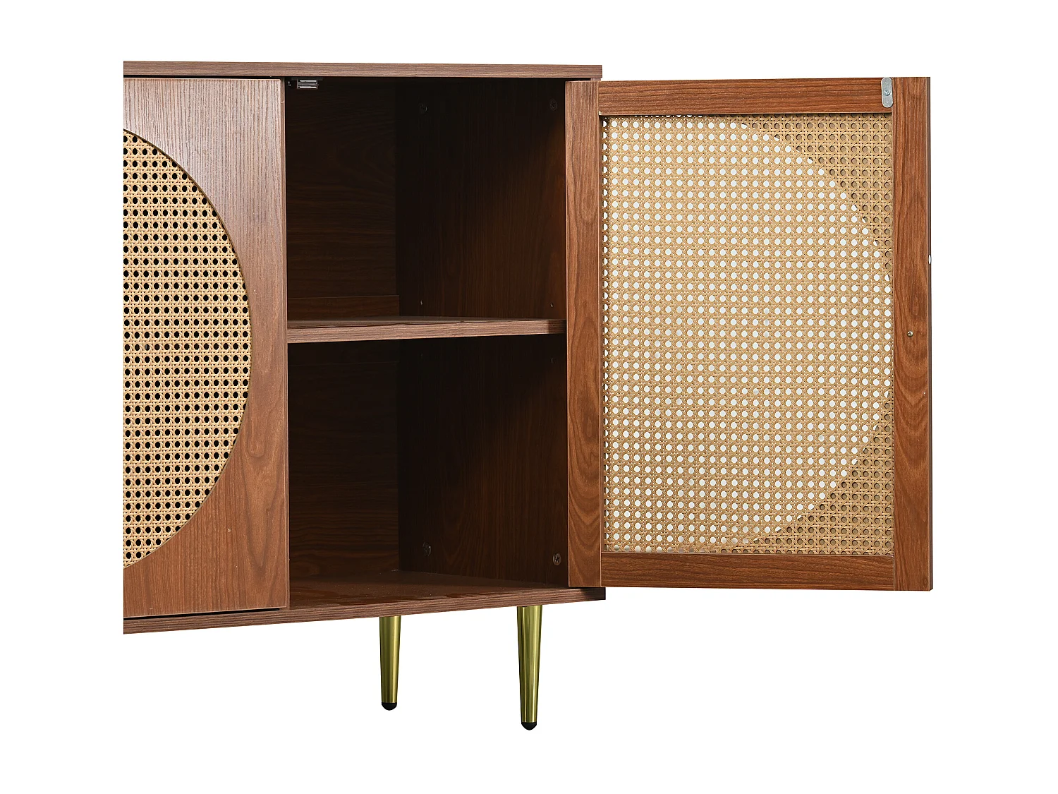 Niedriges Sideboard mit 3 Türen, dekoriert mit Rattan, Spanplatte, Vintage-Stil, Walnuss, 129,8 x 40 x 76 cm