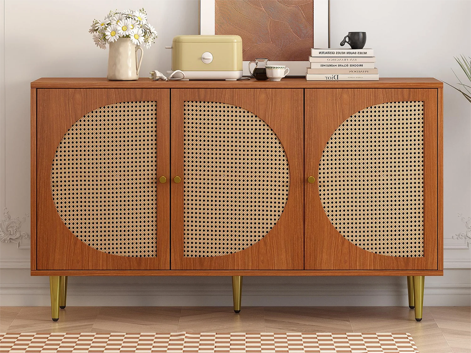 Niedriges Sideboard mit 3 Türen, dekoriert mit Rattan, Spanplatte, Vintage-Stil, Walnuss, 129,8 x 40 x 76 cm