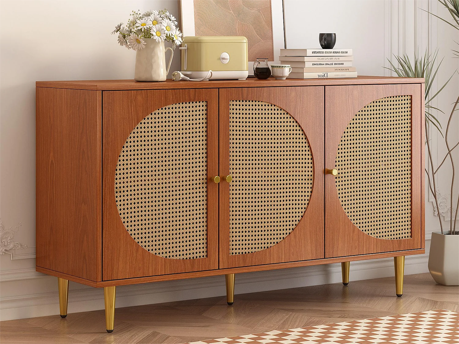 Niedriges Sideboard mit 3 Türen, dekoriert mit Rattan, Spanplatte, Vintage-Stil, Walnuss, 129,8 x 40 x 76 cm