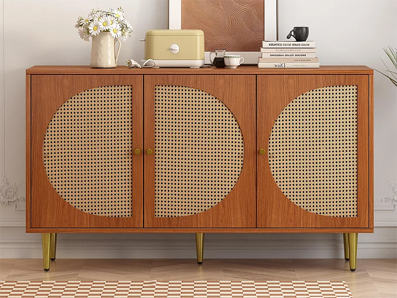 Niedriges Sideboard mit 3 Türen, dekoriert mit Rattan, Spanplatte, Vintage-Stil, Walnuss, 129,8 x 40 x 76 cm