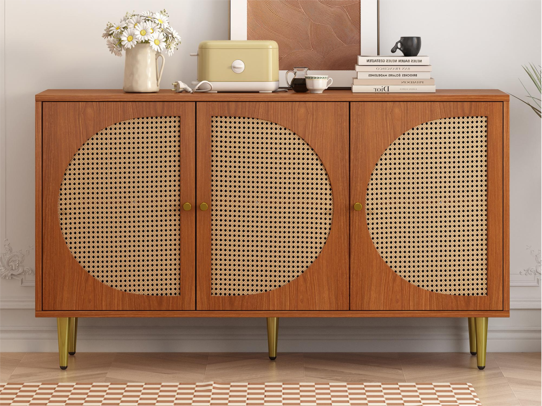 Aparador baixo com 3 portas decorado em rattan, aglomerado, estilo vintage, nogueira, 129,8x 40x 76cm