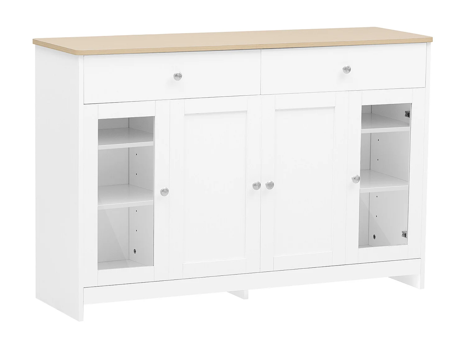 Buffet bas avec 4 portes 3 tiroirs - bois MDF et verre - pour cuisine ou salon - coloris blanc et chêne