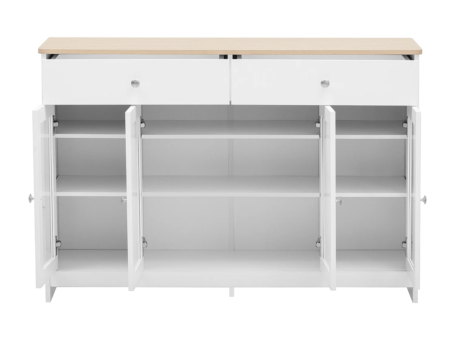 Buffet bas avec 4 portes 3 tiroirs - bois MDF et verre - pour cuisine ou salon - coloris blanc et chêne