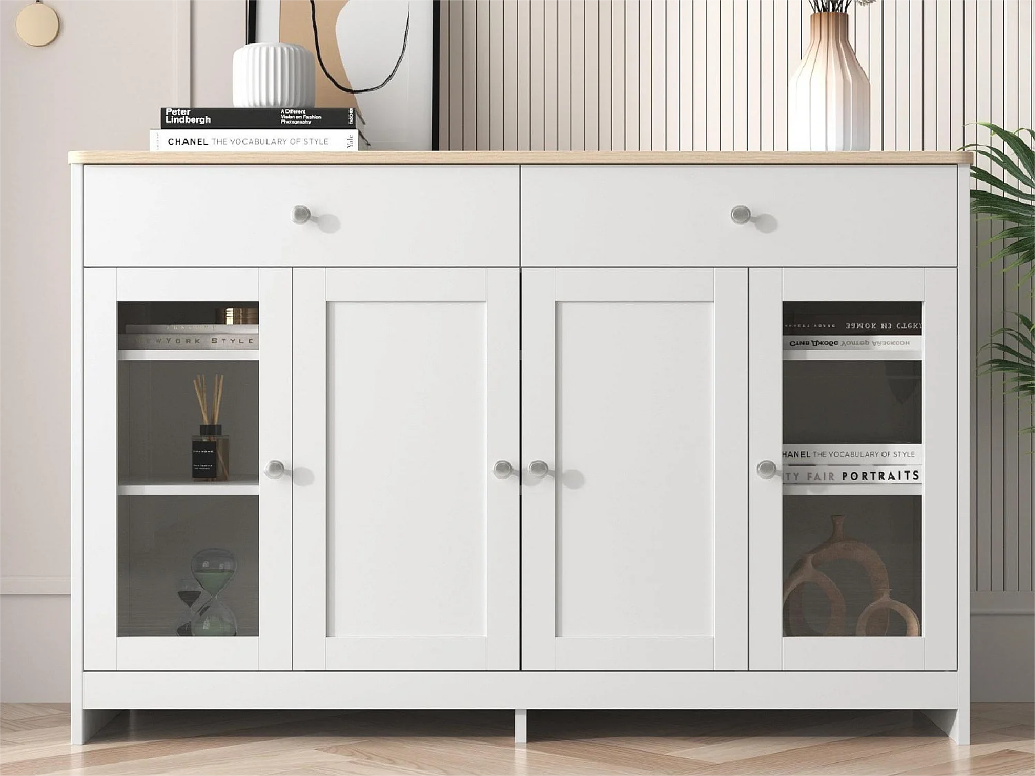 Komoda niska z 4 drzwiami i 3 szufladami - drewno MDF i szkło - do kuchni lub salonu - kolor biały i dębowy