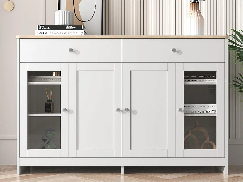 Aparador baixo com 4 portas 3 gavetas - madeira MDF e vidro - para cozinha ou sala - branco e carvalho