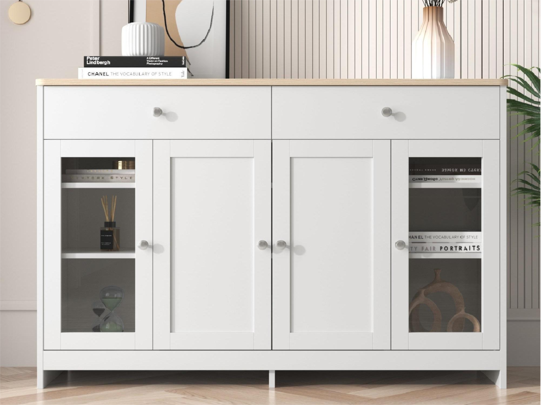Credenza bassa con 4 ante e 3 cassetti - legno MDF e vetro - per cucina o soggiorno - colore bianco e rovere