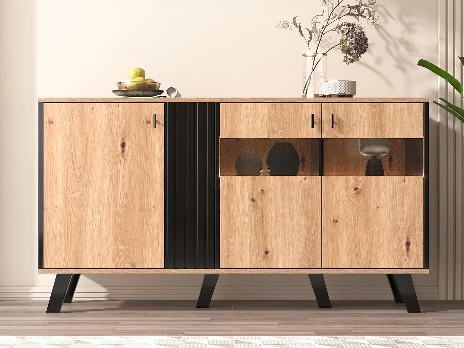 Buffet bas - Décor chêne artisan et noir - 3 Portes en verre et panneaux de particules - L 140 x H 78 x P 41 cm