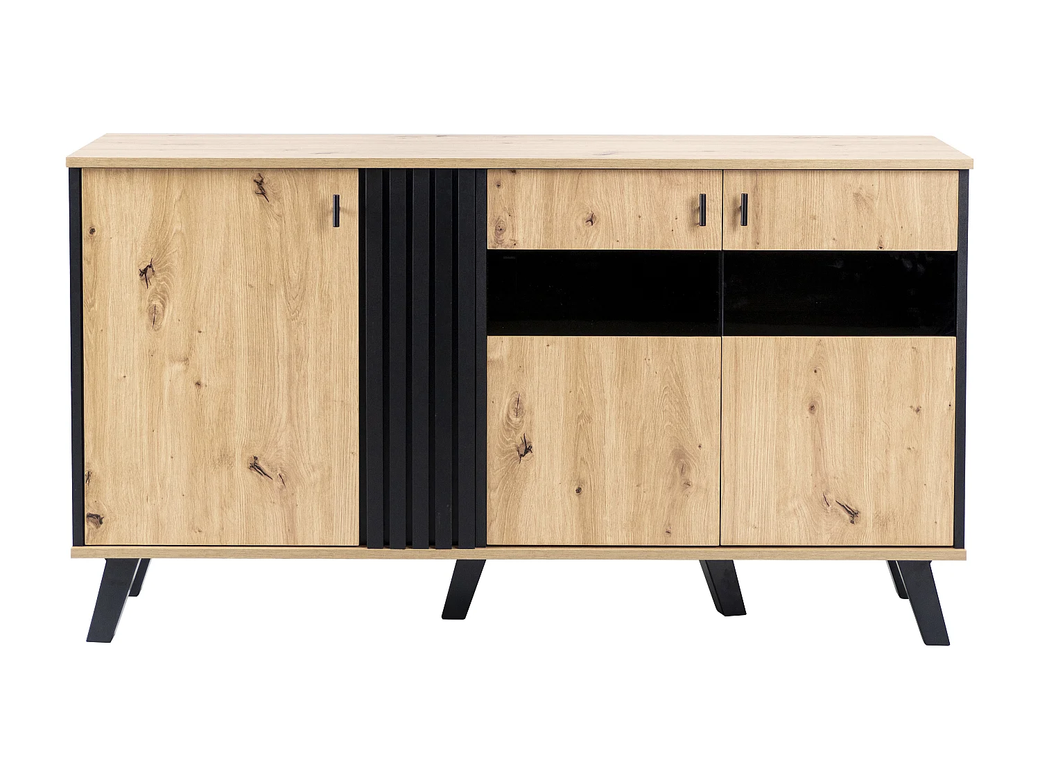 Buffet bas - Décor chêne artisan et noir - 3 Portes en verre et panneaux de particules - L 140 x H 78 x P 41 cm