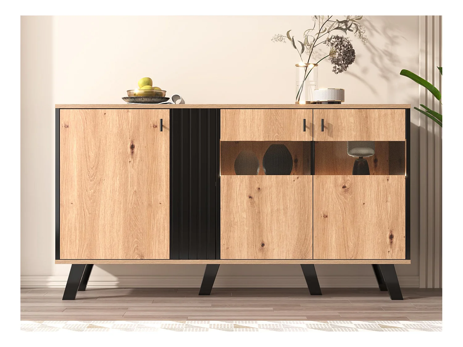 Aparador bajo - Decoración artesanal de roble y negro - 3 puertas de cristal y tableros de partículas - An 140 x Al 78 x Pr 41 cm