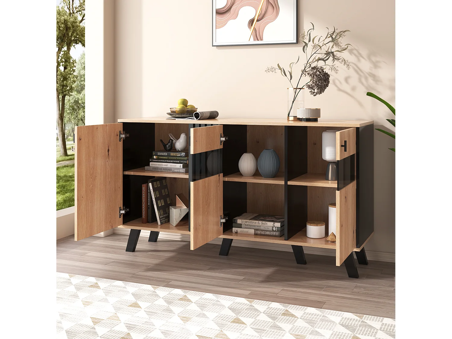 Buffet bas - Décor chêne artisan et noir - 3 Portes en verre et panneaux de particules - L 140 x H 78 x P 41 cm