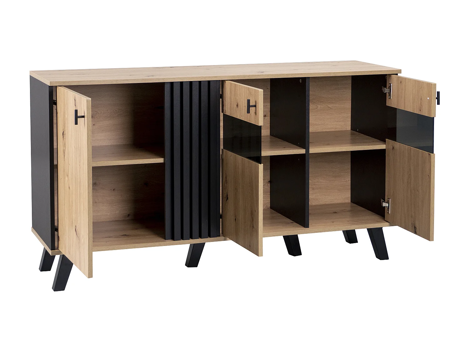 Buffet bas - Décor chêne artisan et noir - 3 Portes en verre et panneaux de particules - L 140 x H 78 x P 41 cm