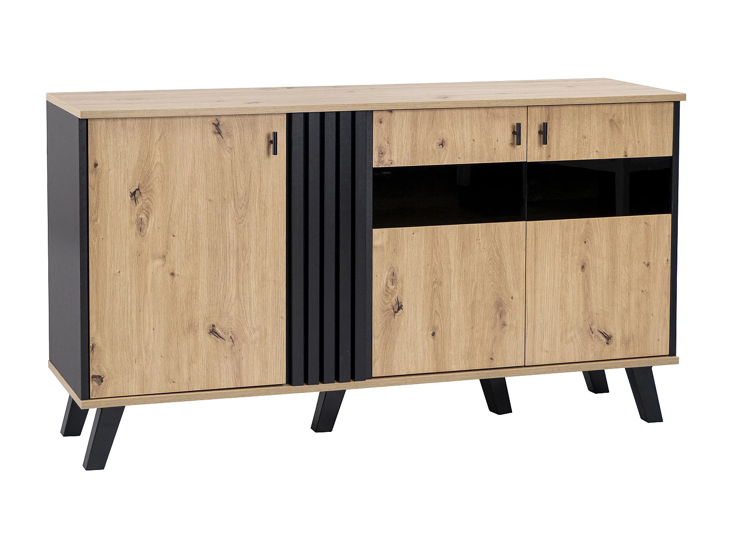 Buffet bas - Décor chêne artisan et noir - 3 Portes en verre et panneaux de particules - L 140 x H 78 x P 41 cm