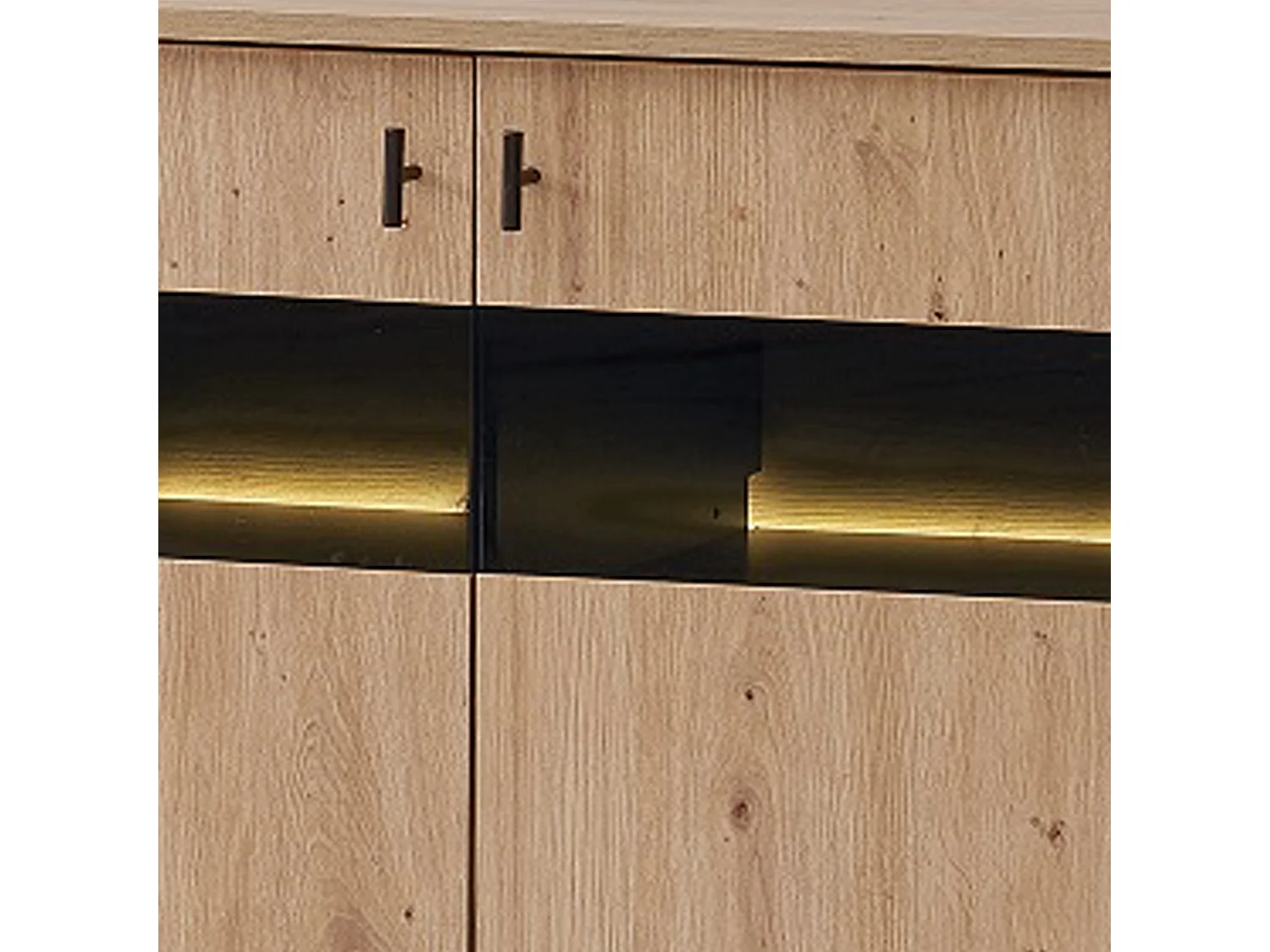 Buffet bas - Décor chêne artisan et noir - 3 Portes en verre et panneaux de particules - L 140 x H 78 x P 41 cm