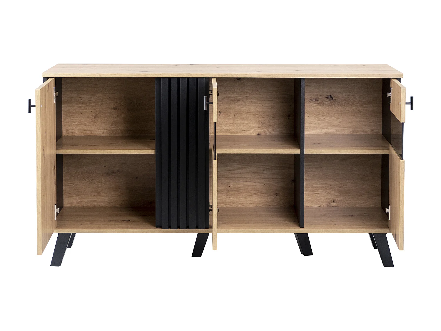 Buffet bas - Décor chêne artisan et noir - 3 Portes en verre et panneaux de particules - L 140 x H 78 x P 41 cm