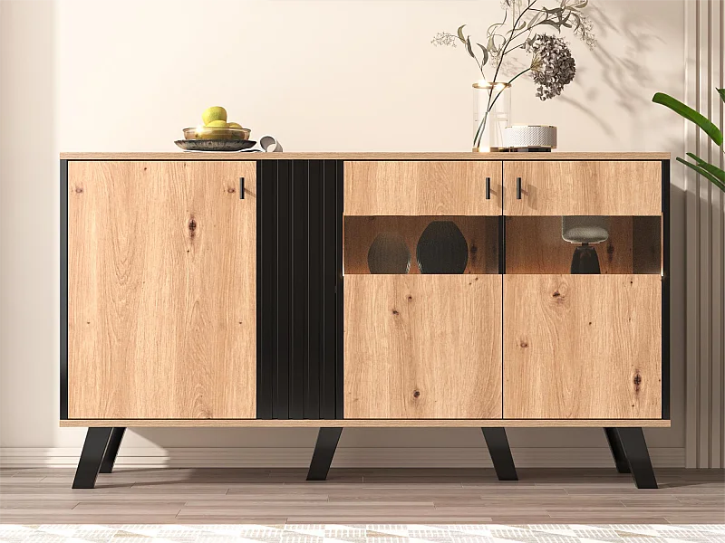 Buffet bas - Décor chêne artisan et noir - 3 Portes en verre et panneaux de particules - L 140 x H 78 x P 41 cm