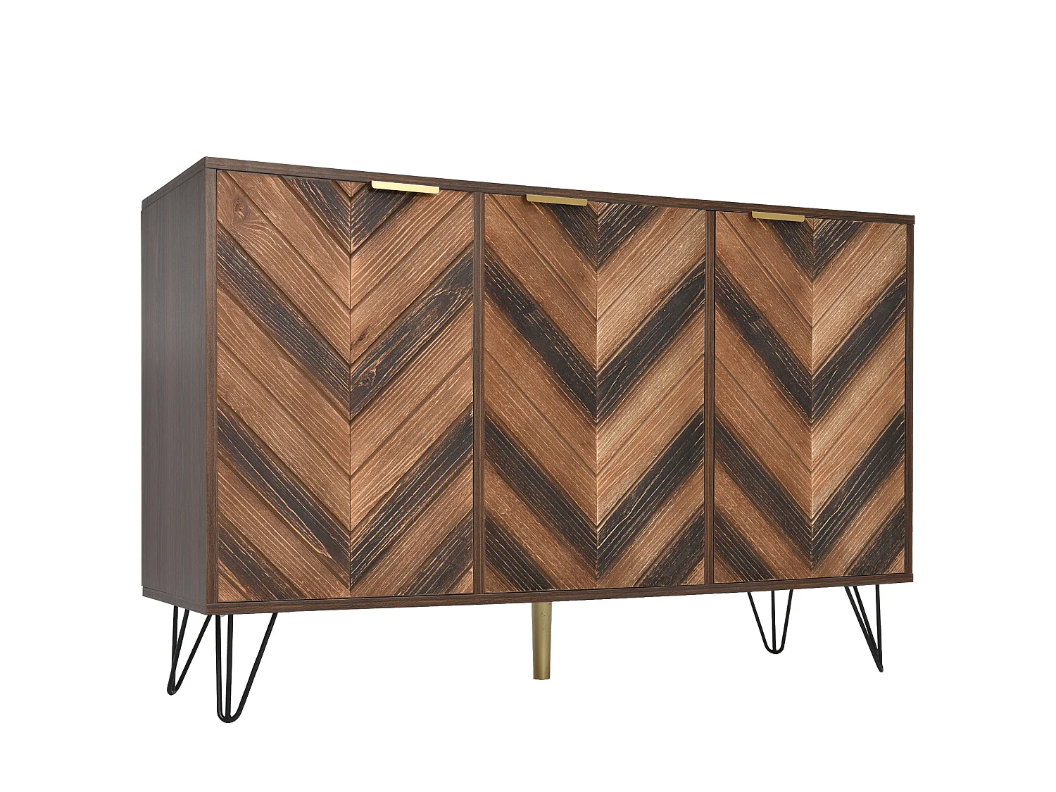 Niedriges Sideboard mit 3 Türen – für Küche und Wohnzimmer – Holz und Metall – Vintage-Stil – Braun