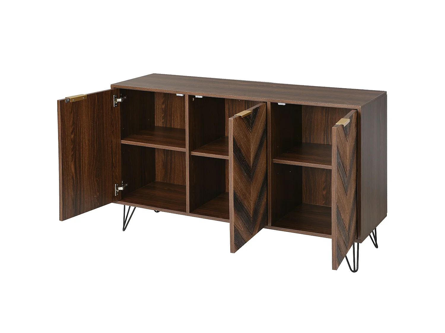 Niedriges Sideboard mit 3 Türen – für Küche und Wohnzimmer – Holz und Metall – Vintage-Stil – Braun