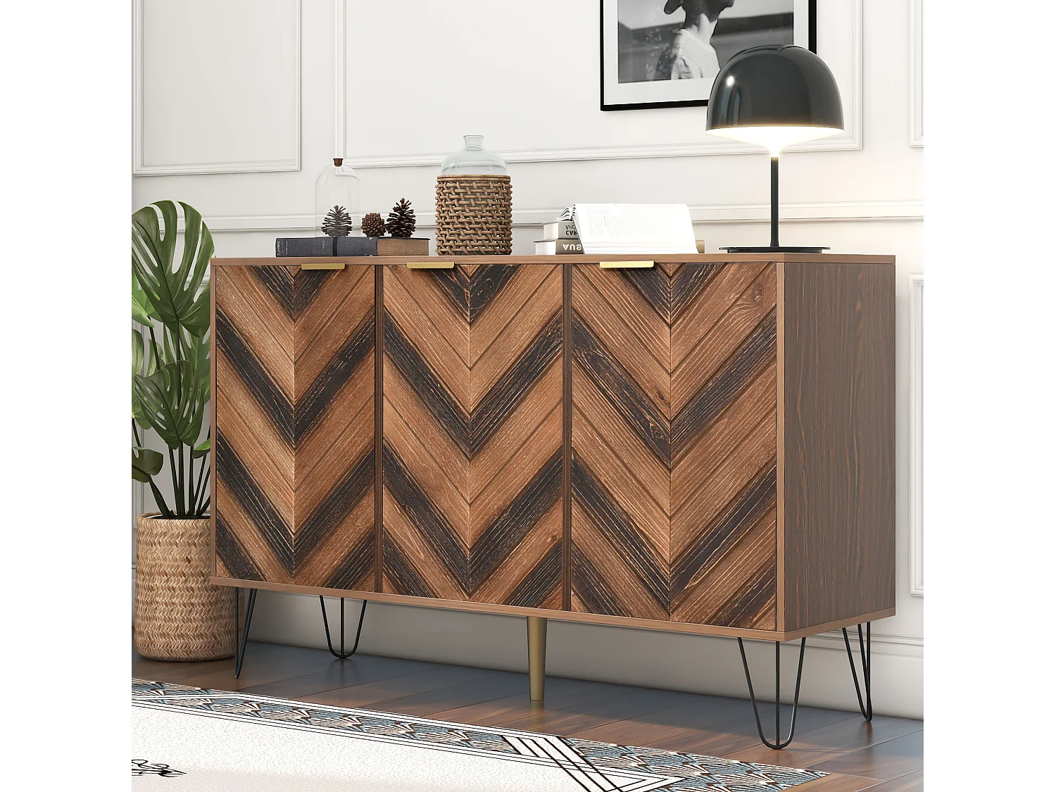 Niedriges Sideboard mit 3 Türen – für Küche und Wohnzimmer – Holz und Metall – Vintage-Stil – Braun