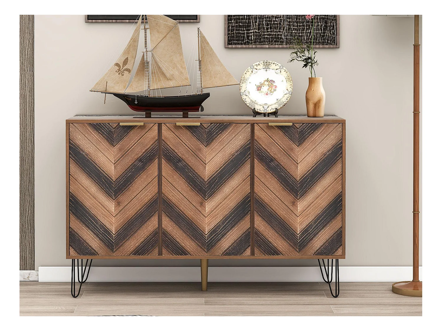 Buffet bas avec 3 portes - pour cuisine salon - bois et métal - style vintage - marron