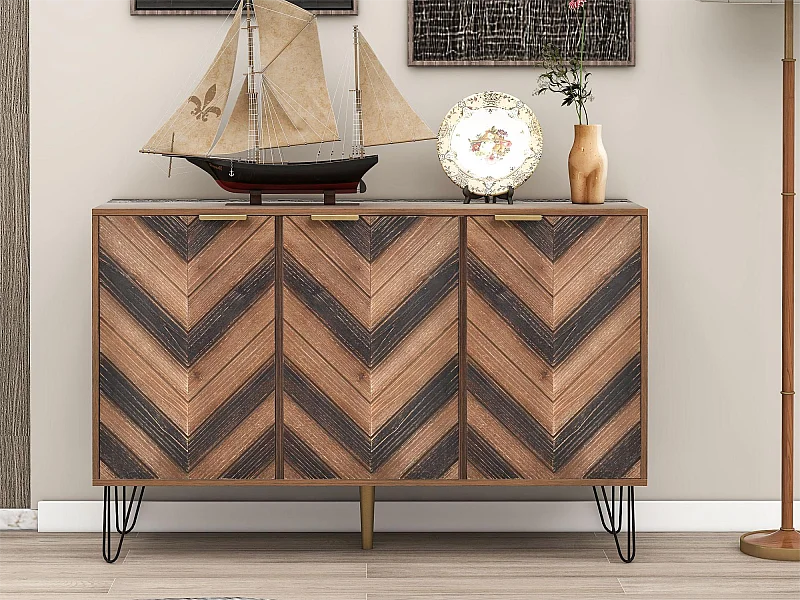 Niedriges Sideboard mit 3 Türen – für Küche und Wohnzimmer – Holz und Metall – Vintage-Stil – Braun