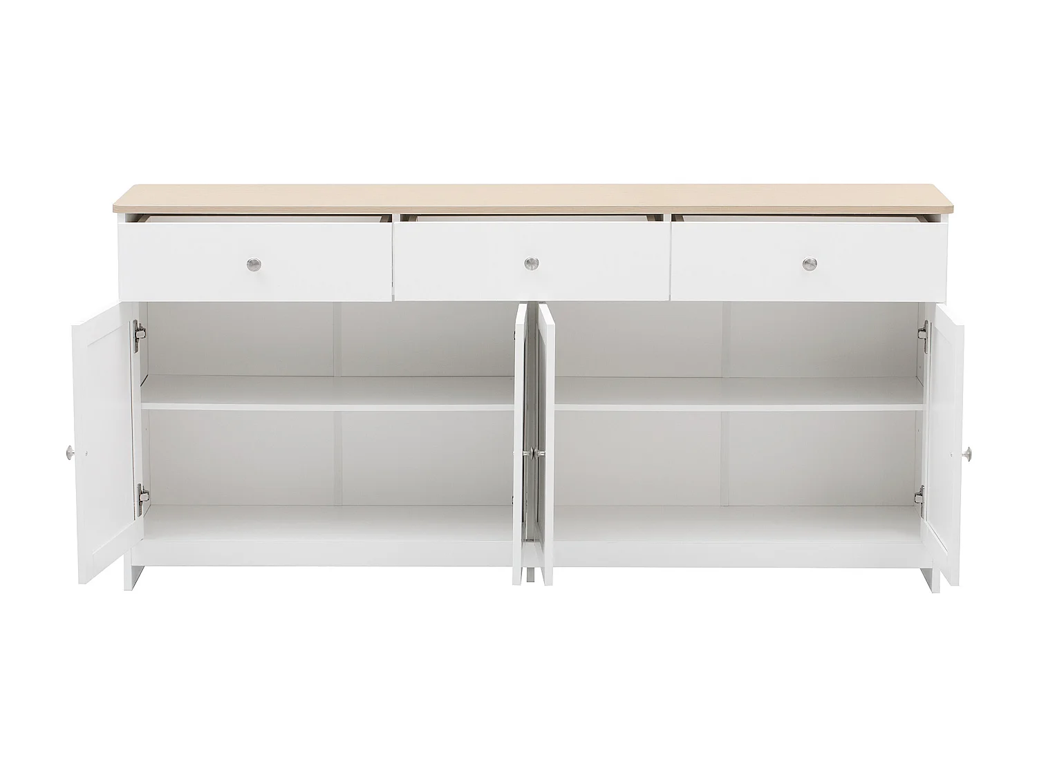 Buffet bas avec 4 portes et 3 tiroirs - bois MDF - décor chêne et blanc - pour salon ou cuisine - 160 x 37 x 75 cm