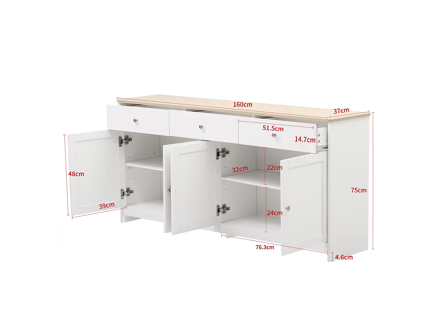 Buffet bas avec 4 portes et 3 tiroirs - bois MDF - décor chêne et blanc - pour salon ou cuisine - 160 x 37 x 75 cm