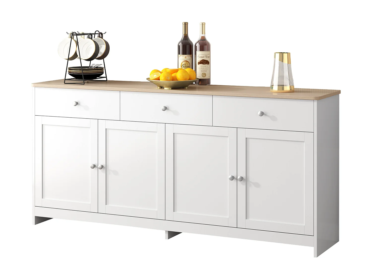 Buffet bas avec 4 portes et 3 tiroirs - bois MDF - décor chêne et blanc - pour salon ou cuisine - 160 x 37 x 75 cm