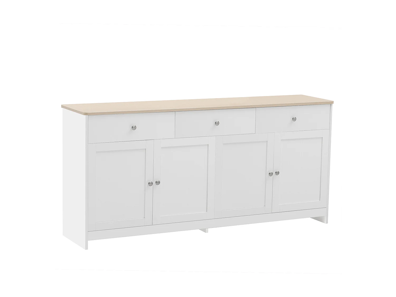 Buffet bas avec 4 portes et 3 tiroirs - bois MDF - décor chêne et blanc - pour salon ou cuisine - 160 x 37 x 75 cm