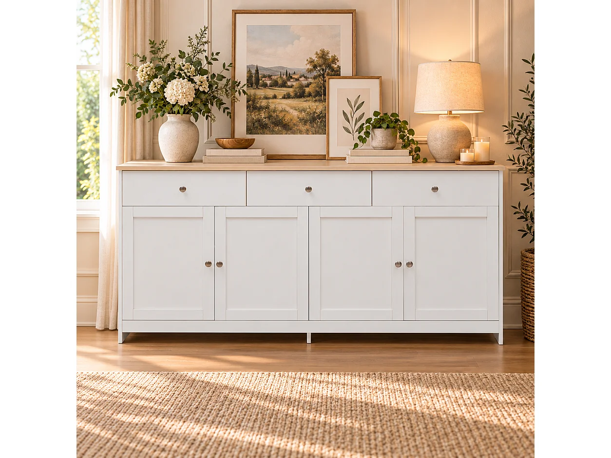 Aparador bajo con 4 puertas y 3 cajones - madera MDF - acabado en roble y blanco - para salón o cocina - 160 x 37 x 75 cm