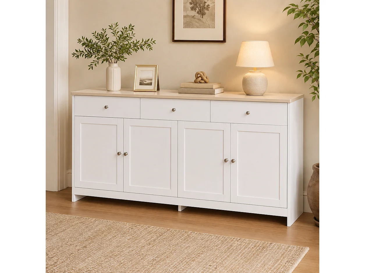 Aparador bajo con 4 puertas y 3 cajones - madera MDF - acabado en roble y blanco - para salón o cocina - 160 x 37 x 75 cm