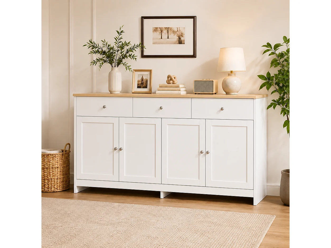 Aparador bajo con 4 puertas y 3 cajones - madera MDF - acabado en roble y blanco - para salón o cocina - 160 x 37 x 75 cm