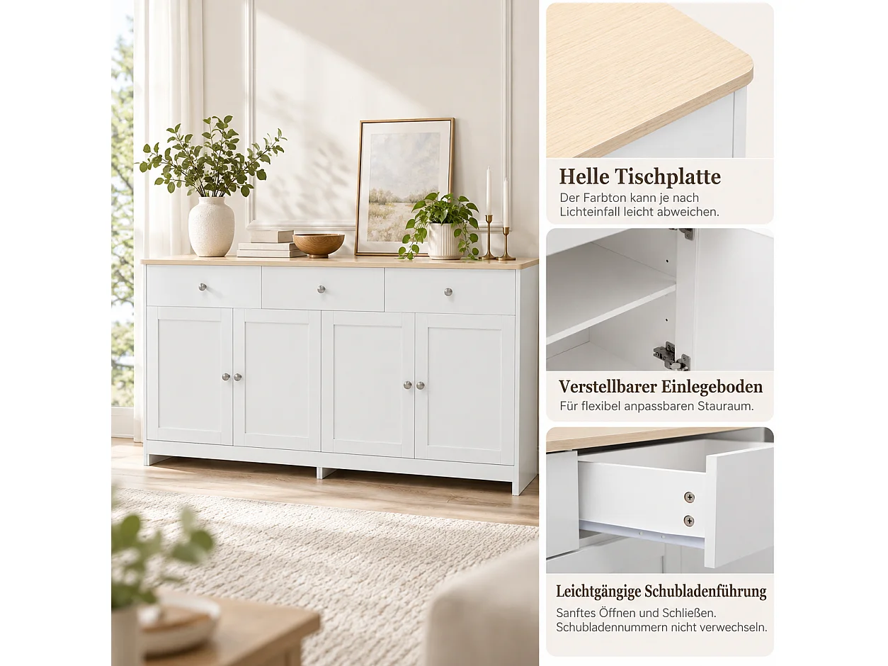 Aparador bajo con 4 puertas y 3 cajones - madera MDF - acabado en roble y blanco - para salón o cocina - 160 x 37 x 75 cm
