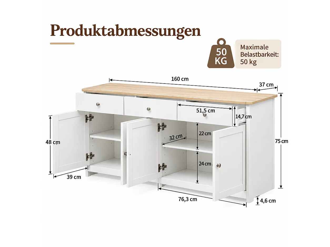 Aparador bajo con 4 puertas y 3 cajones - madera MDF - acabado en roble y blanco - para salón o cocina - 160 x 37 x 75 cm