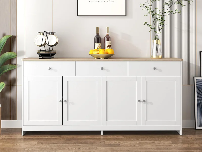 Buffet bas avec 4 portes et 3 tiroirs - bois MDF - décor chêne et blanc - pour salon ou cuisine - 160 x 37 x 75 cm