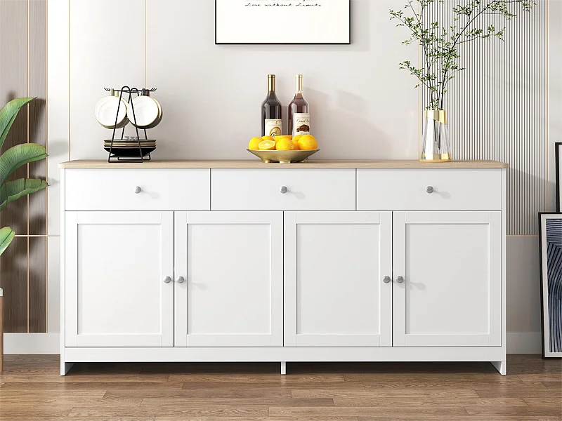 Credenza bassa con 4 ante e 3 cassetti - legno MDF - decoro rovere e bianco - per soggiorno o cucina - 160 x 37 x 75 cm