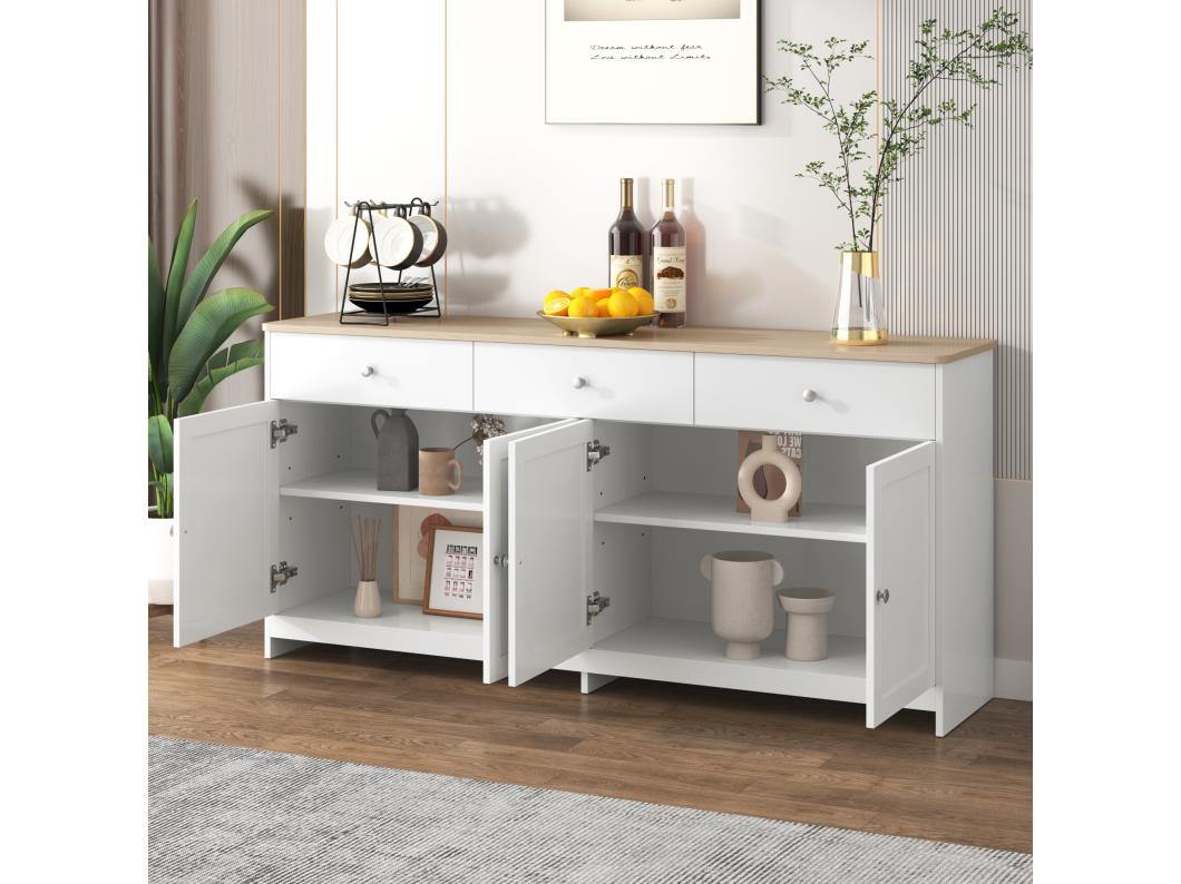 Credenza bassa con 4 ante e 3 cassetti - legno MDF - decoro rovere e bianco - per soggiorno o cucina - 160 x 37 x 75 cm