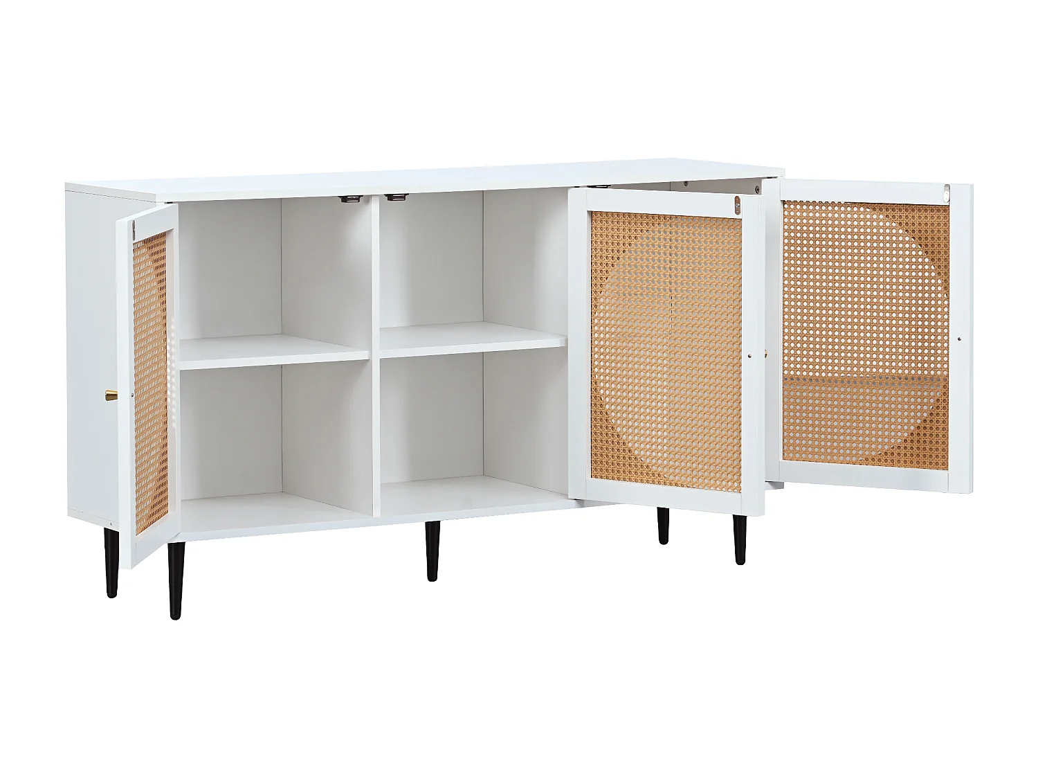 Buffet bas avec 3 portes décorées en rotin, panneaux de particules, style vintage, blanc et chêne, 129,8x 40x 76cm