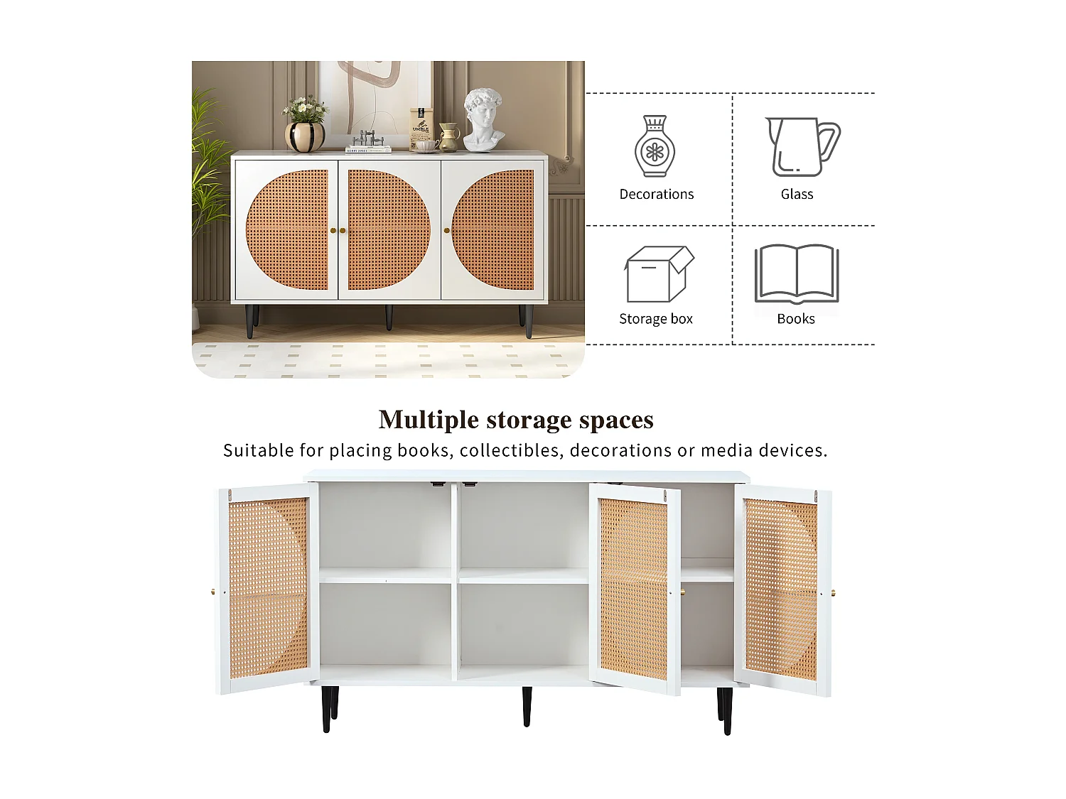 Niedriges Sideboard mit 3 Türen, dekoriert mit Rattan, Spanplatte, Vintage-Stil, Weiß und Eiche, 129,8 x 40 x 76 cm