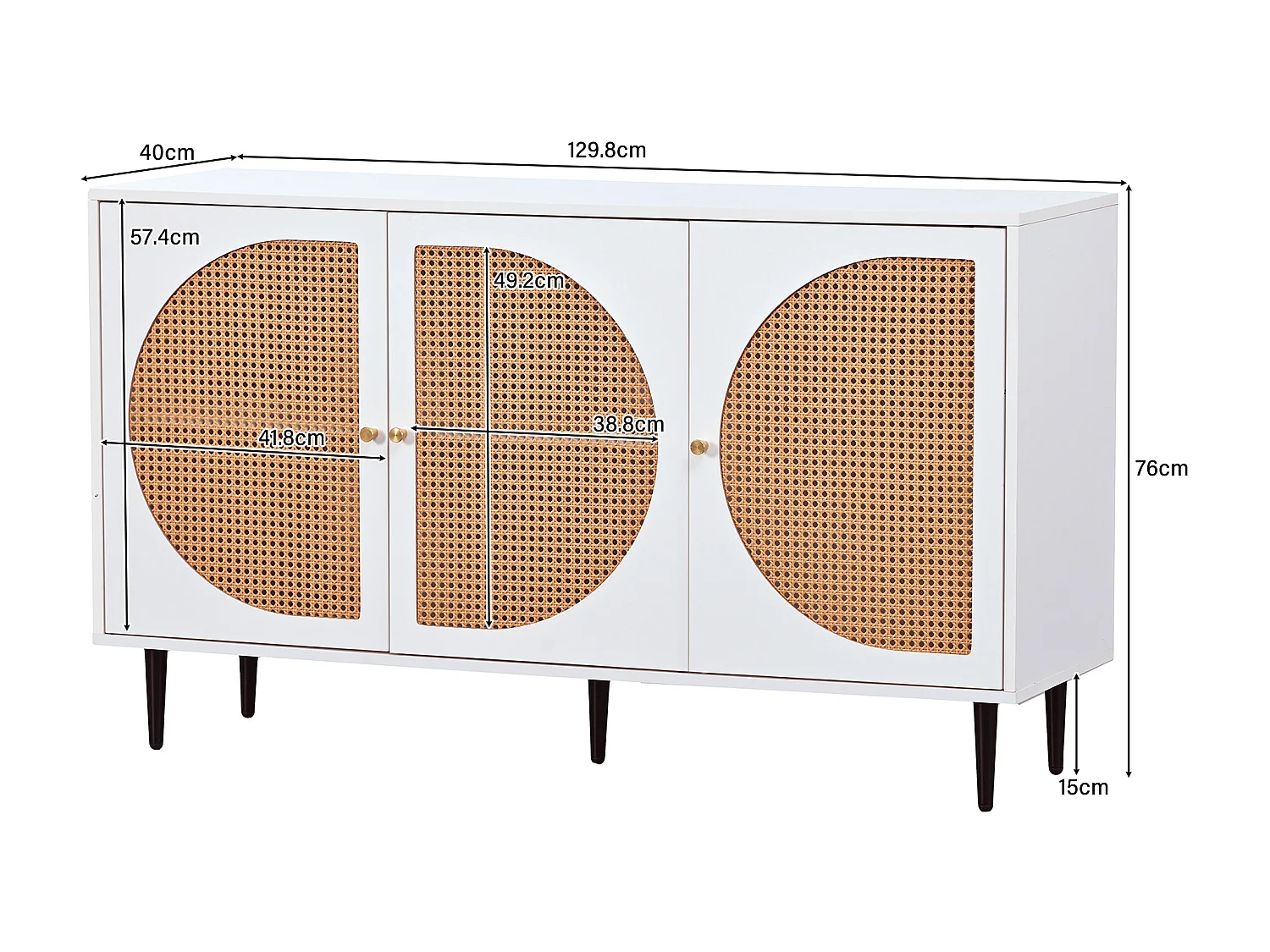 Niedriges Sideboard mit 3 Türen, dekoriert mit Rattan, Spanplatte, Vintage-Stil, Weiß und Eiche, 129,8 x 40 x 76 cm